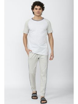 Peter England - Men White Stripe Casual T-Shirt and Trousers (Set of 2)