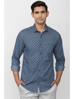 Peter England - Men Navy Slim Fit Print Full Sleeves Casual Shirt