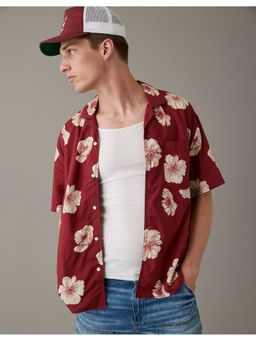 American Eagle - Men Red Tropical Button-Up Poolside Shirt