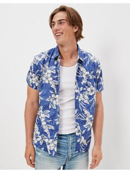 American Eagle - Men Blue Tropical Button-Up Resort Shirt