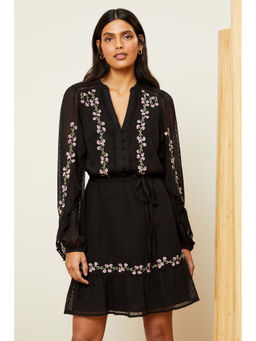 Love & Roses - Long Sleeve Belted Chiffon Mini Dress