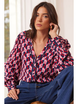 Love & Roses - Ric Rac Trim Printed V Neck Shirt