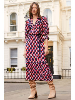 Love & Roses - Printed V Neck Lace Trim Tiered Shirt Midi Dress