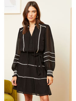 Love & Roses - Contrast Stitch Tie Neck Belted Mini Dress