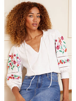 Love & Roses - V Neck Embroidered Sleeve Jersey T-Shirt