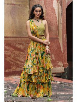 Scakhi - Green Chinon Silk Floral Pre-Draped Saree with Stitched Blouse & Belt