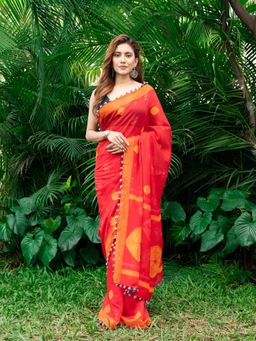 Beatitude - Red Yellow Bandhani Saree with Unstitched Blouse