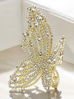 OOMPH - Gold Tone White Pearls Butterfly Shape Large Big Hair Claw Clip