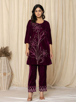 MEENA BAZAAR - Wine Velvet Floral Co-Ord Set