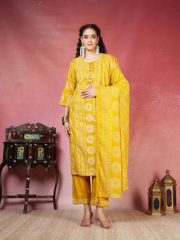 MEENA BAZAAR - Mustard Cotton Printed Kurta With Pant & Dupatta