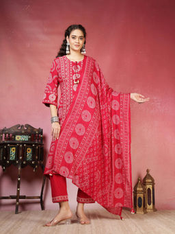 MEENA BAZAAR - Red Cotton Printed Kurta With Pant & Dupatta