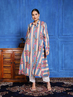 MEENA BAZAAR - Blue Cotton Floral Kurta