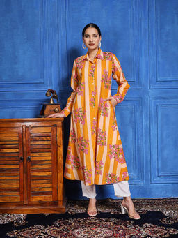 MEENA BAZAAR - Mustard Cotton Floral Kurta