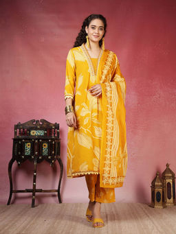 MEENA BAZAAR - Mustard Cotton Floral Kurta With Pant & Dupatta