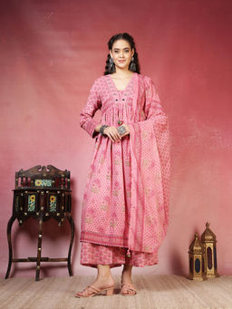 MEENA BAZAAR - Pink Cotton Floral Kurta With Palazzo & Dupatta