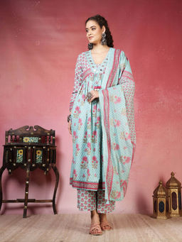 MEENA BAZAAR - Green Cotton Floral Kurta With Palazzo & Dupatta