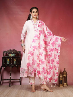 MEENA BAZAAR - Pink Chanderi Floral Kurta With Pant & Dupatta
