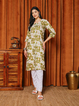 MEENA BAZAAR - Olive Cotton Floral Kurta