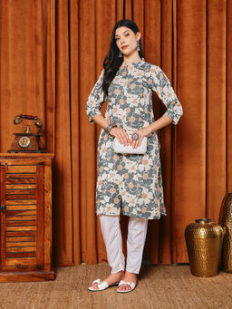 MEENA BAZAAR - Grey Cotton Floral Kurta