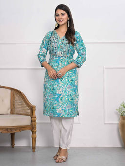 MEENA BAZAAR - Green Cotton Floral Kurta