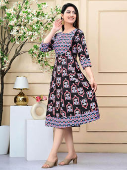 MEENA BAZAAR - Black Cotton Printed Dress