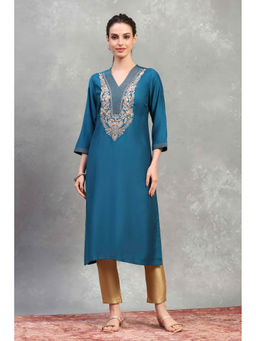 Rangriti - Teal Viscose Blend Solid Kurta