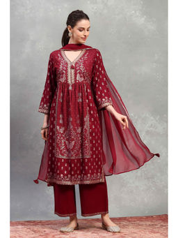 Rangriti - Maroon Rayon Floral Kurta With Palazzo & Dupatta
