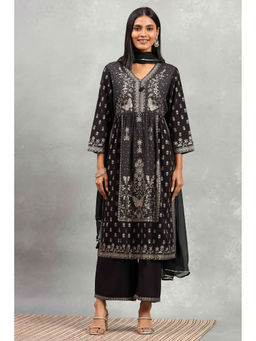 Rangriti - Black Viscose Blend Floral Kurta With Palazzo & Dupatta