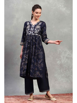 Rangriti - Navy Blue Viscose Blend Floral Kurta With Pant