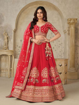 Odette - Red Silk Blend Embroidered Lehenga With Choli & Dupatta