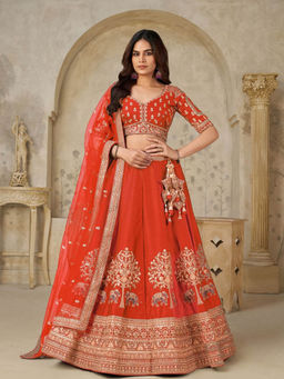 Odette - Orange Silk Blend Embroidered Lehenga With Choli & Dupatta