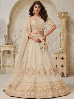Odette - Cream Silk Blend Embroidered Lehenga With Choli & Dupatta