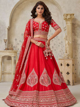 Odette - Red Silk Blend Embroidered Lehenga With Choli & Dupatta