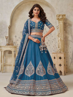 Odette - Teal Silk Blend Embroidered Lehenga With Choli & Dupatta