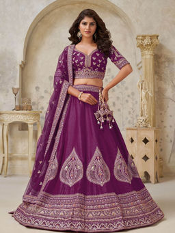 Odette - Wine Silk Blend Embroidered Lehenga With Choli & Dupatta