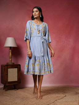 MEENA BAZAAR - Blue Cotton Floral Dress
