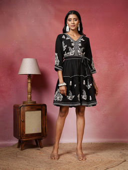 MEENA BAZAAR - Black Cotton Embroidered Dress