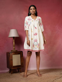 MEENA BAZAAR - Off White Cotton Embroidered Dress