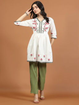 MEENA BAZAAR - Cream Cotton Floral Kurti
