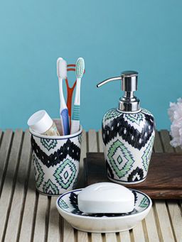 VarEesha - Aztec Black, Green Ceramic Taper Bathroom Set of 3 Soap Dispenser, Tumbler with Soap Dish