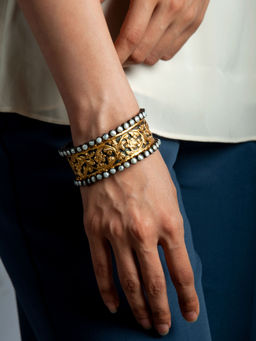 Neeta Boochra - 925 Sterling Silver Statement Black Gold Kada with Embossing