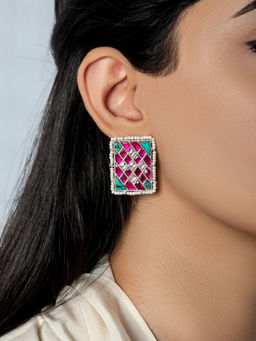 Neeta Boochra - 925 Sterling Silver Multicolored Kundan Studs with Pearl