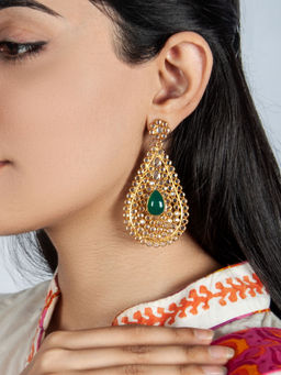 Neeta Boochra - 925 Sterling Silver Gold Plated Crystal Earring with Green Onyx