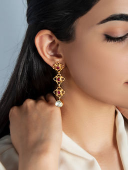 Neeta Boochra - 925 Sterling Silver Gold Plated Designer Earring with Moissanite and Ruby