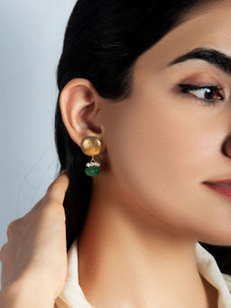 Neeta Boochra - 925 Sterling Silver Gold Plated Studs with Melon Cut Green Onyx and Pearl