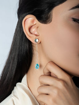 Neeta Boochra - 925 Sterling Silver Long Earrings with Blue Gemstone