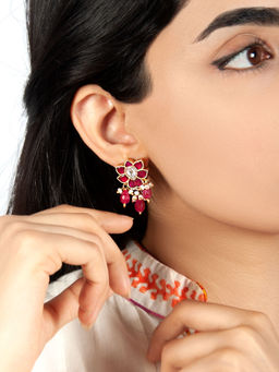 Neeta Boochra - 925 Sterling Silver Gold Plated Floral Kundan Earrings with Ruby Drops