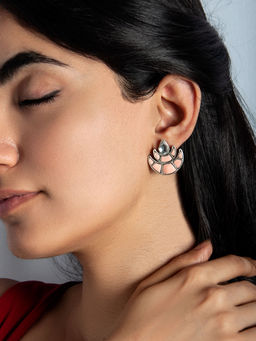 Neeta Boochra - 925 Sterling Silver Double Chaand Earrings with Kundan