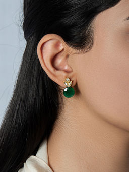 Neeta Boochra - 925 Sterling Silver Kundan Floral Studs with Green Onyx