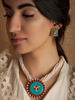 Neeta Boochra - 925 Sterling Silver 22K Gold Plated Turquoise, Ruby, Kundan Studs Earring